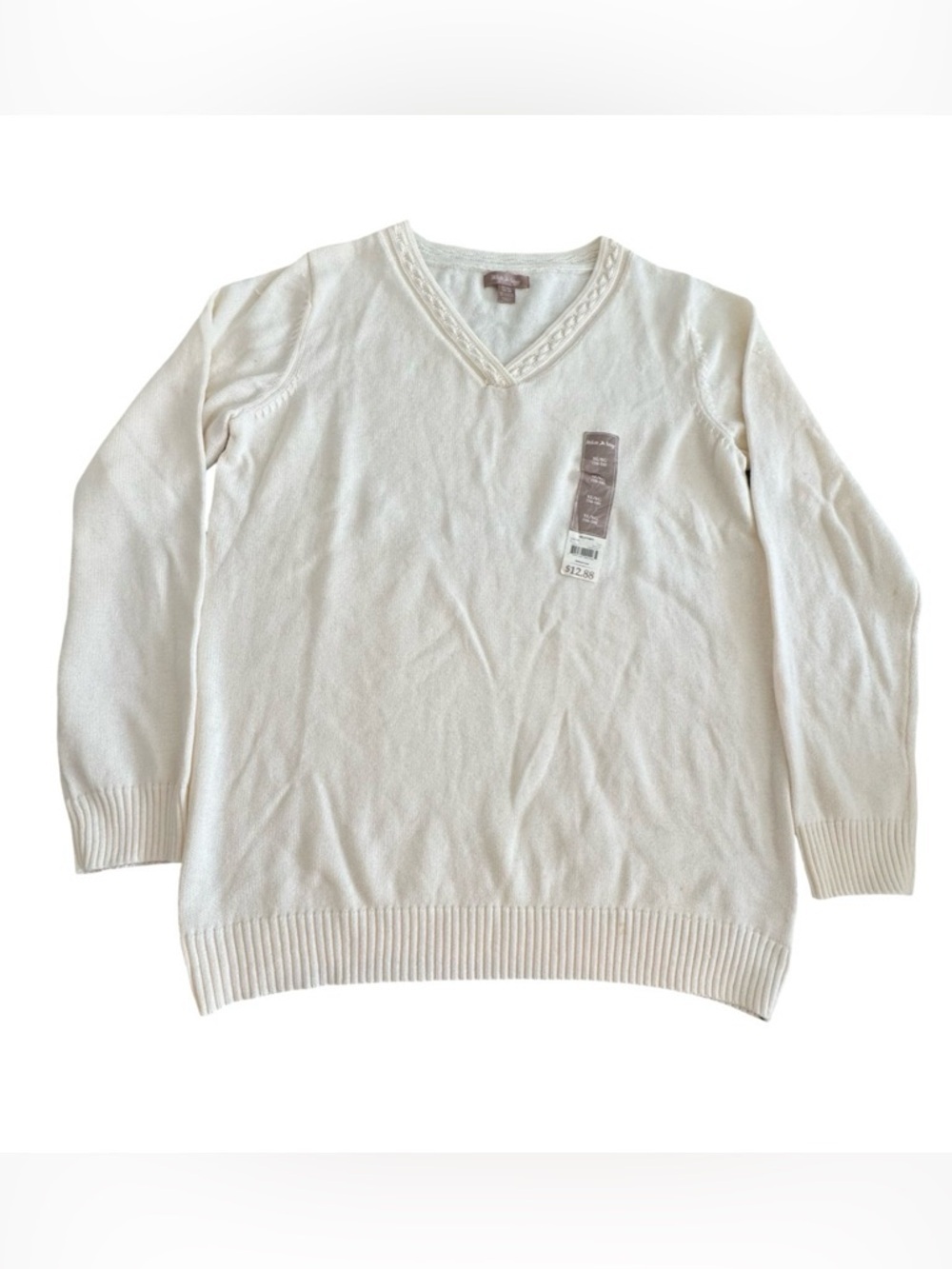 White Stag Women’s XL 16-18 V-Neck Sweater NWT Ivory Cotton Acrylic With Flaw
